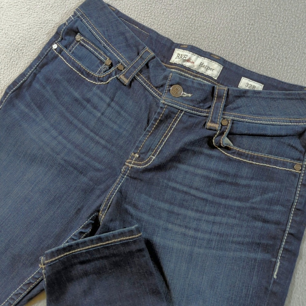 BKE Harper Slim Straight Jeans Womens 32R (Fits 34x31) Hemmed Dark Stretch Denim